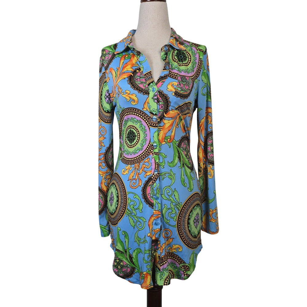 Julia by Love J Womens Baroque Medallion Button Up Shirt Dress Blue Medium